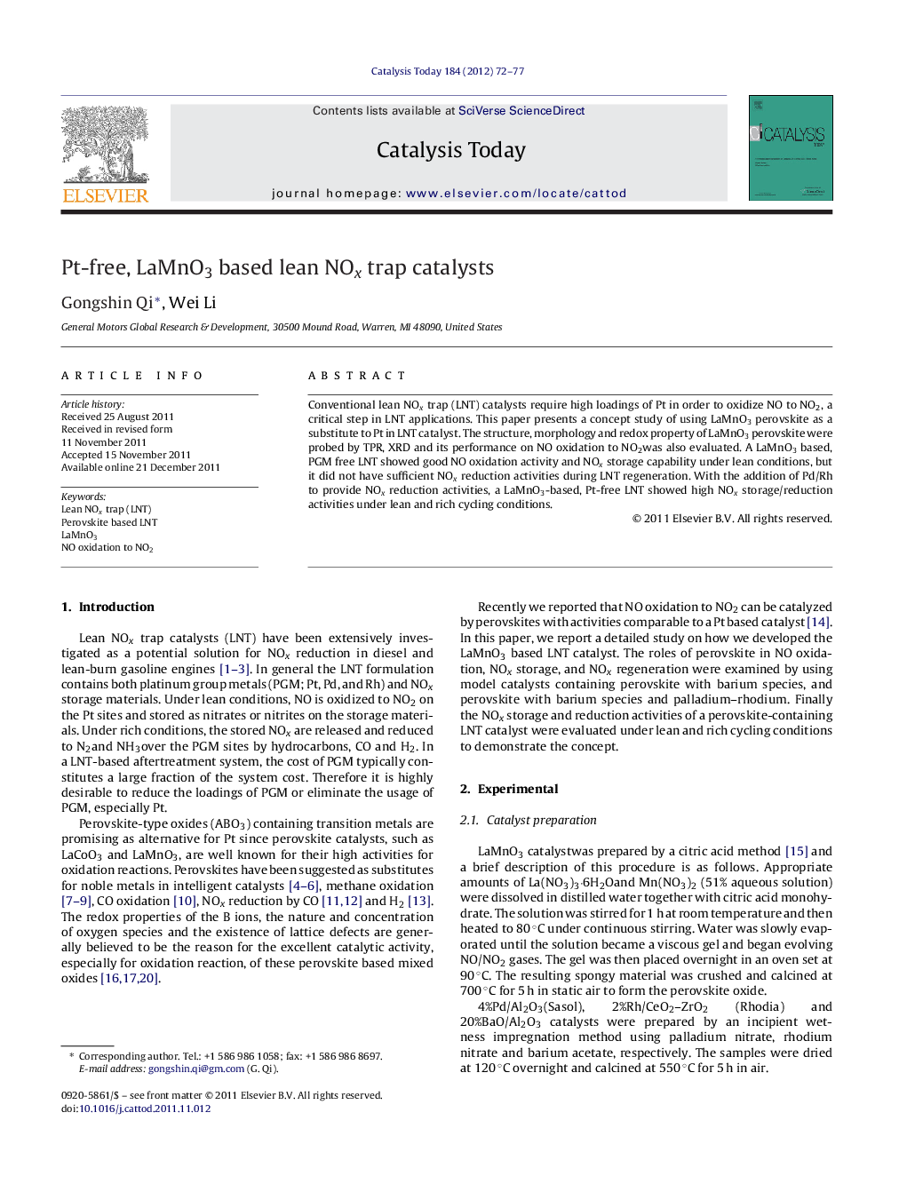 Pt-free, LaMnO3 based lean NOx trap catalysts