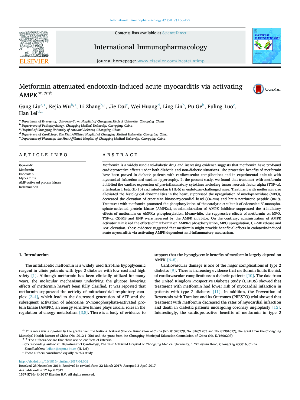 Metformin attenuated endotoxin-induced acute myocarditis via activating AMPK