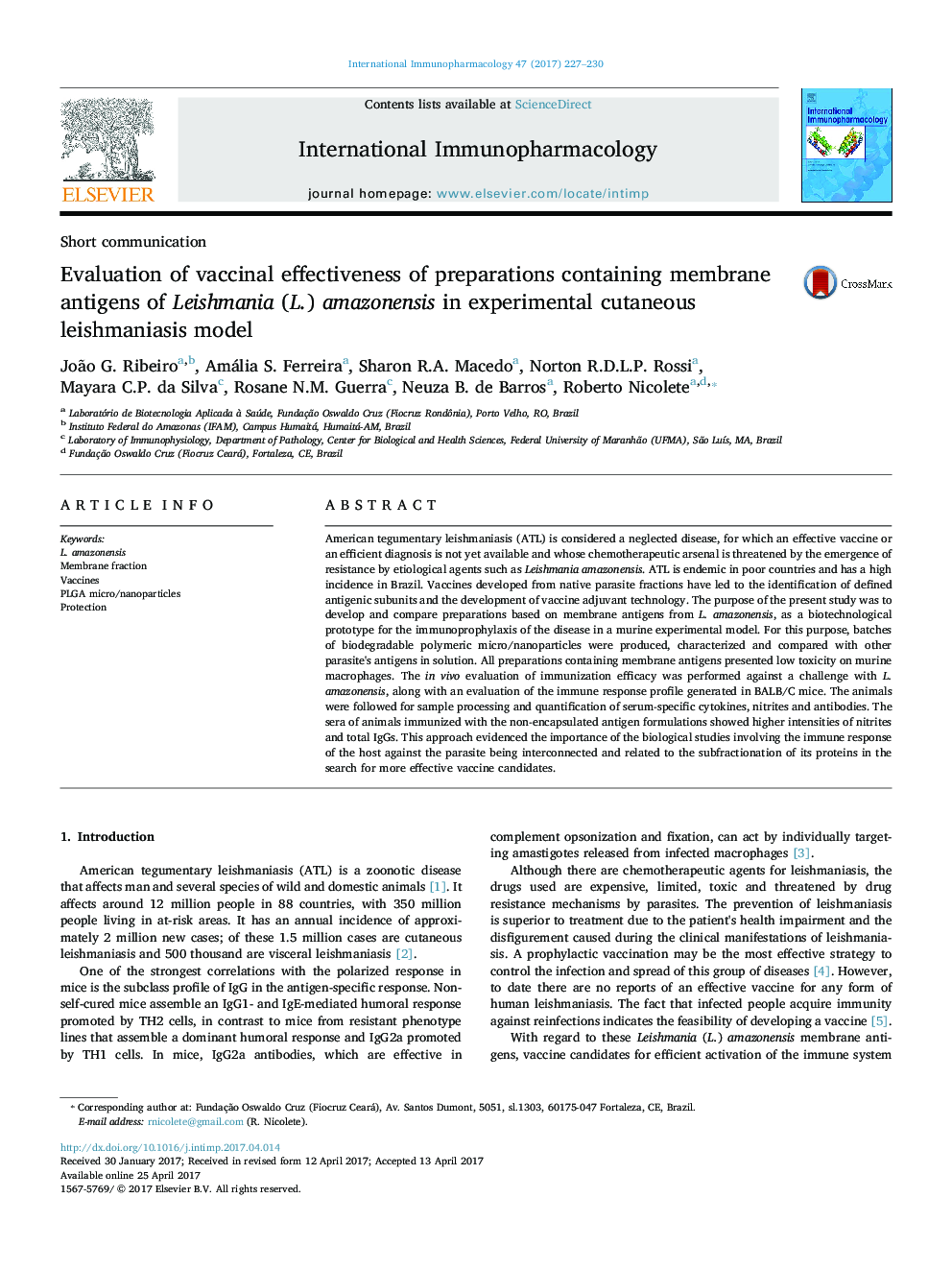 Evaluation of vaccinal effectiveness of preparations containing membrane antigens of Leishmania (L.) amazonensis in experimental cutaneous leishmaniasis model