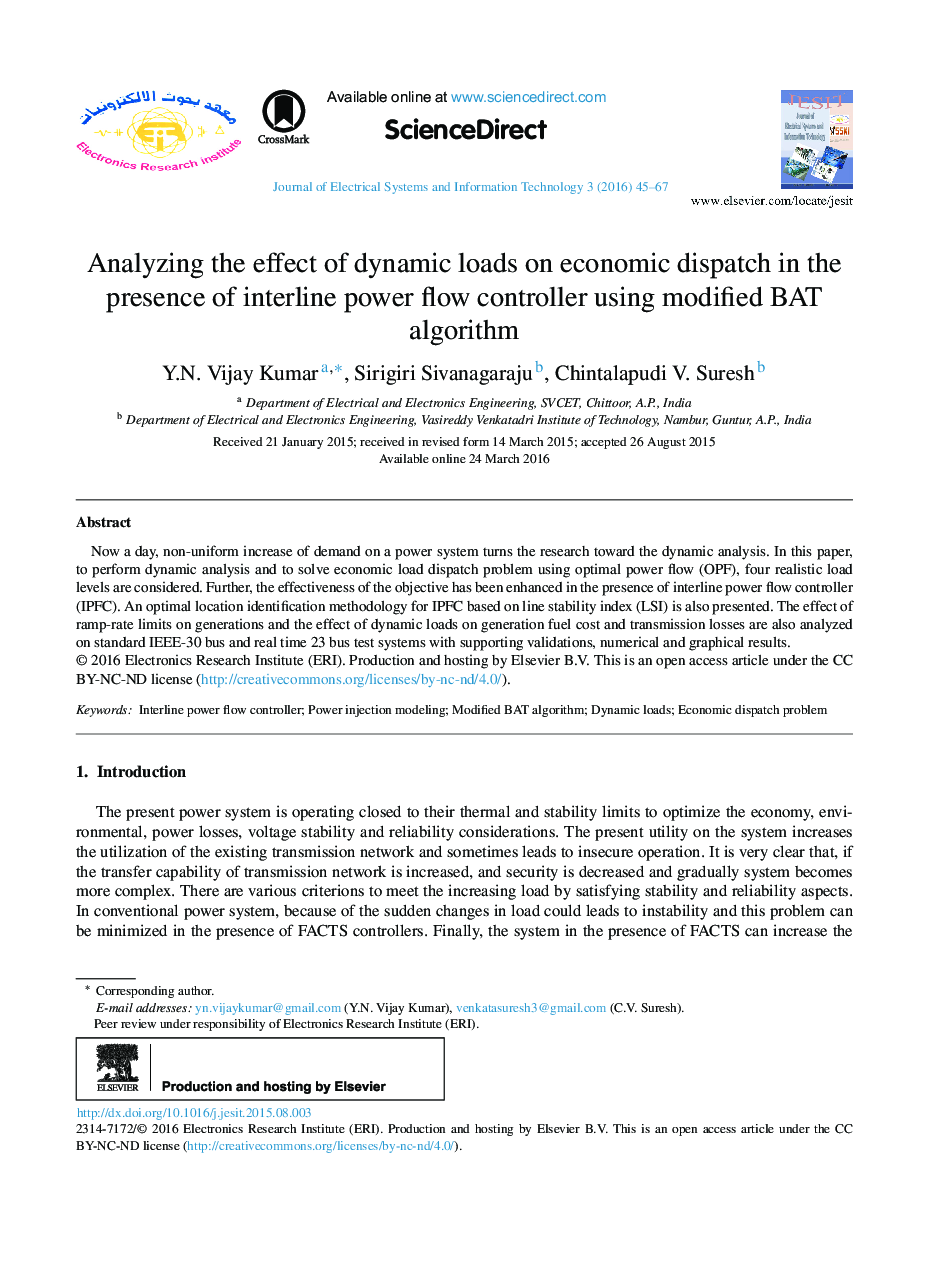 Analyzing the effect of dynamic loads on economic dispatch in the presence of interline power flow controller using modified BAT algorithm 