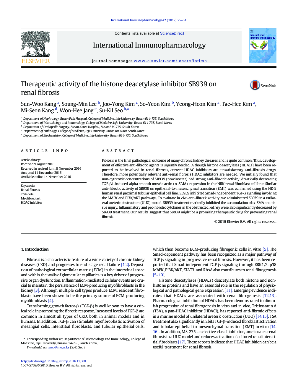 Therapeutic activity of the histone deacetylase inhibitor SB939 on renal fibrosis