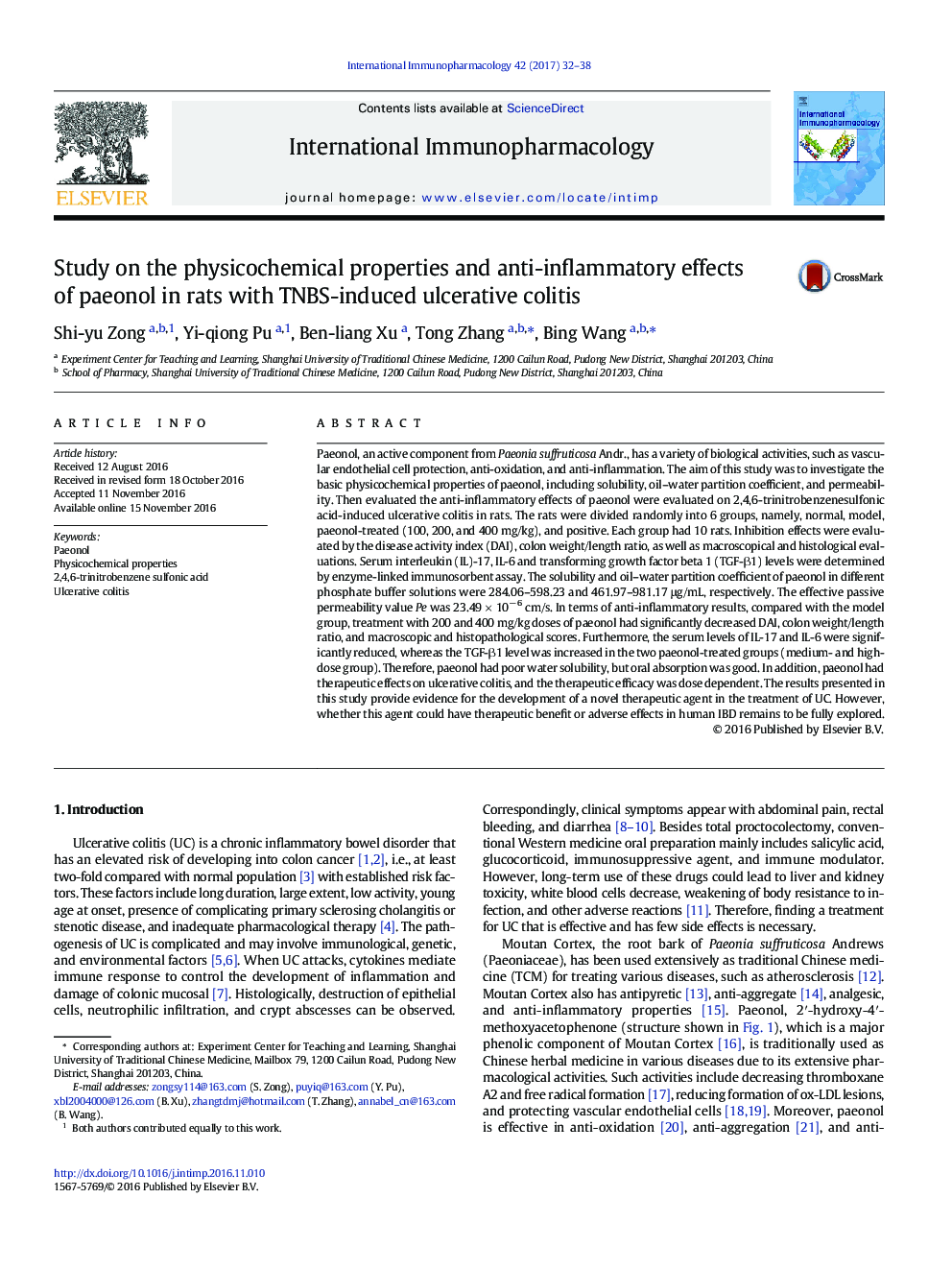 Study on the physicochemical properties and anti-inflammatory effects of paeonol in rats with TNBS-induced ulcerative colitis