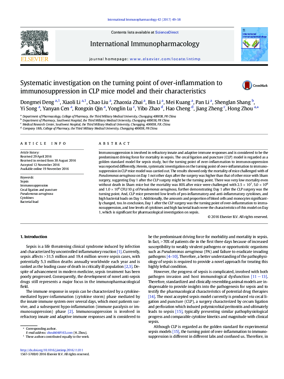 Systematic investigation on the turning point of over-inflammation to immunosuppression in CLP mice model and their characteristics