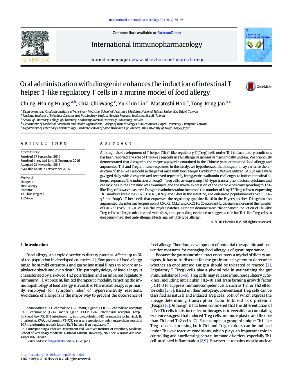 Oral administration with diosgenin enhances the induction of intestinal T helper 1-like regulatory T cells in a murine model of food allergy