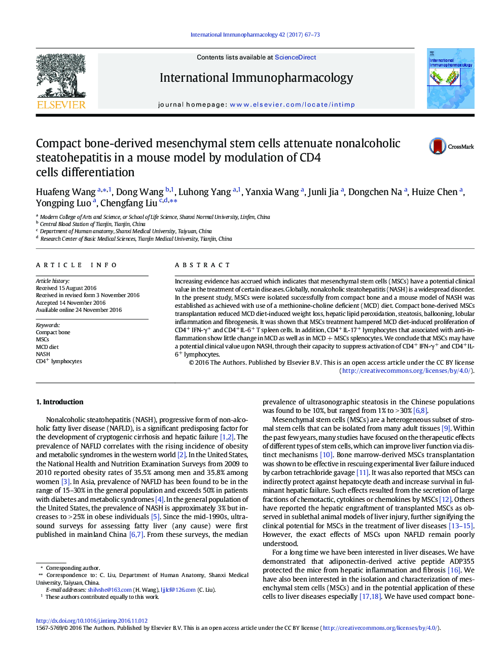 Compact bone-derived mesenchymal stem cells attenuate nonalcoholic steatohepatitis in a mouse model by modulation of CD4 cells differentiation