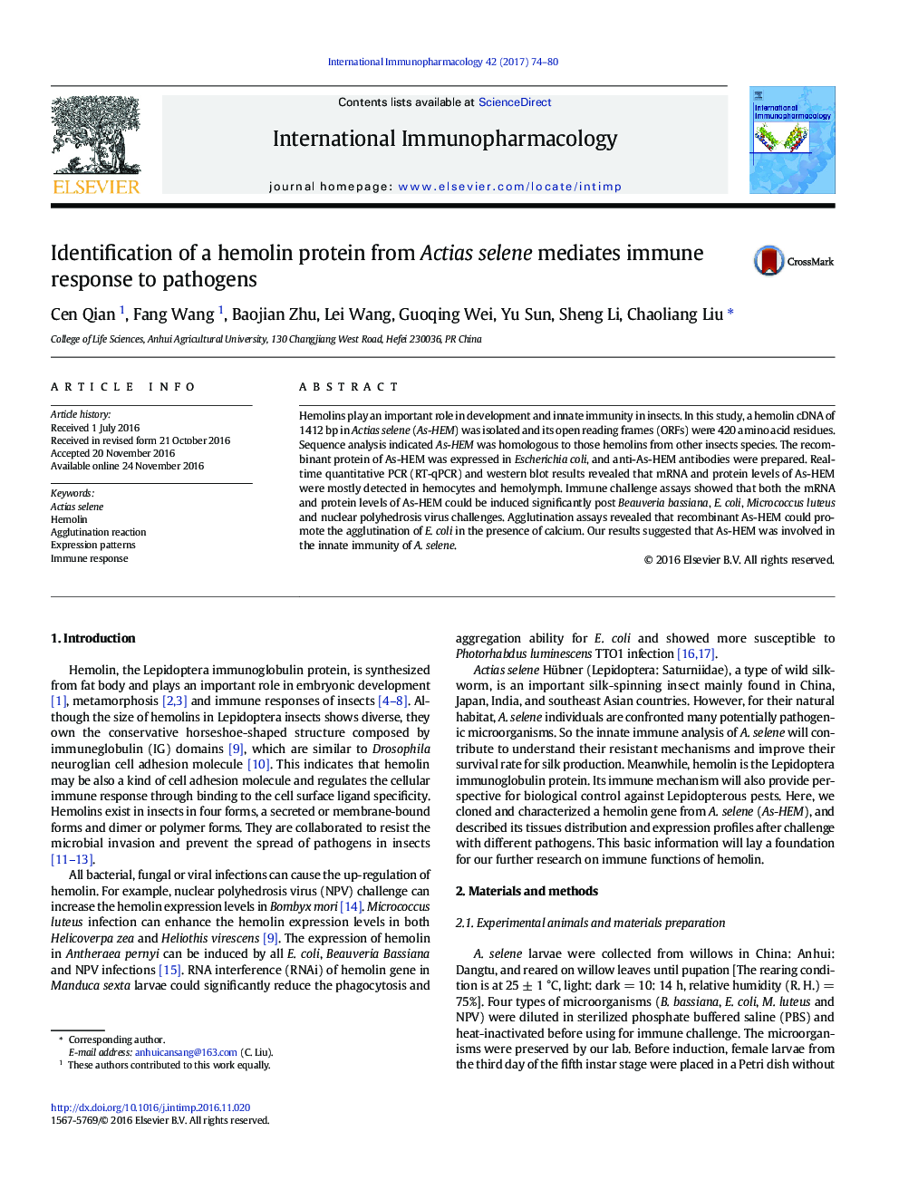 Identification of a hemolin protein from Actias selene mediates immune response to pathogens