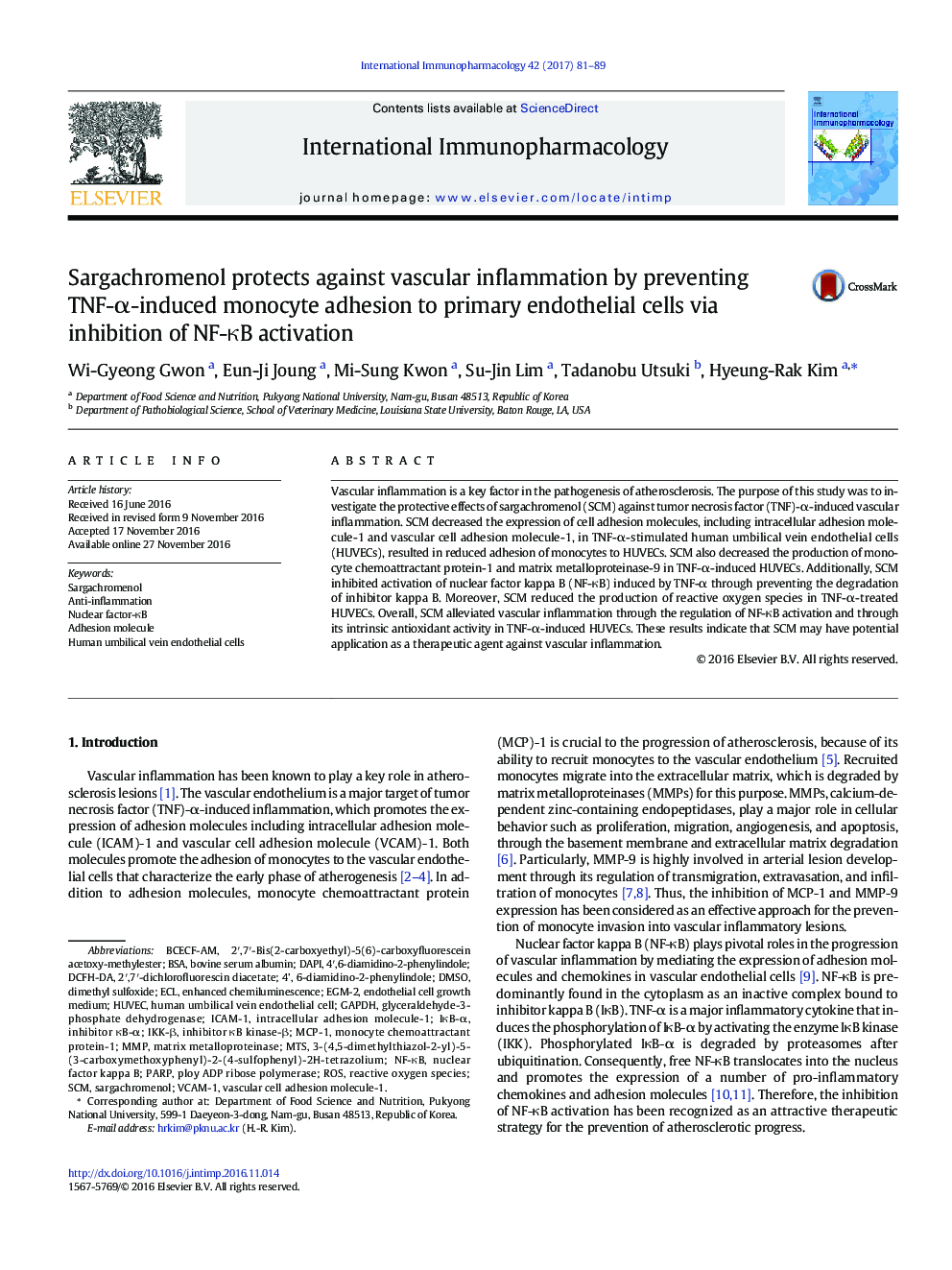 Sargachromenol protects against vascular inflammation by preventing TNF-Î±-induced monocyte adhesion to primary endothelial cells via inhibition of NF-ÎºB activation