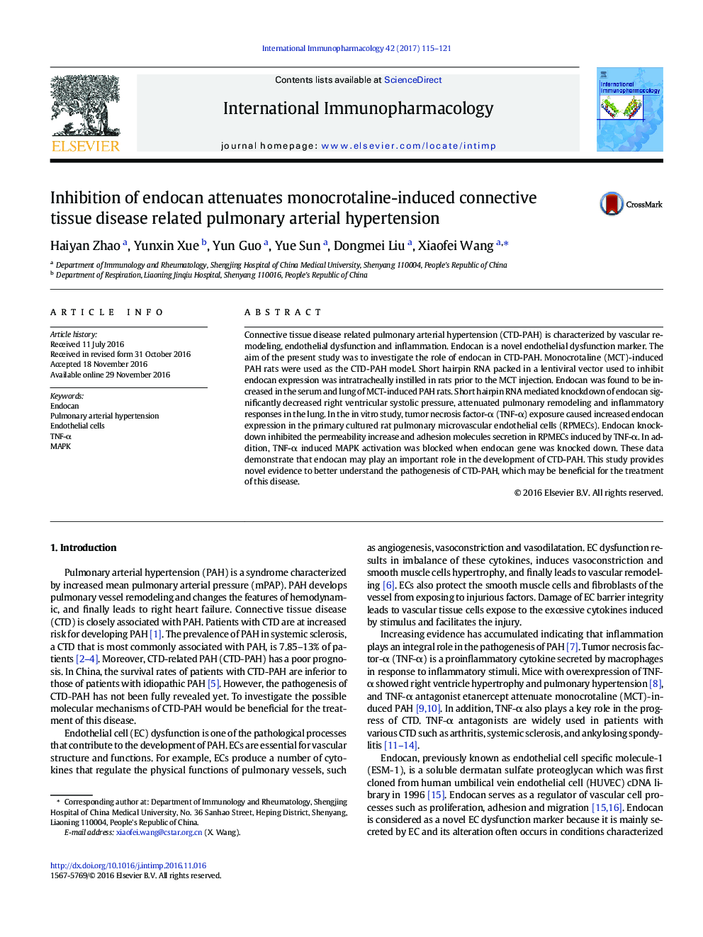 Inhibition of endocan attenuates monocrotaline-induced connective tissue disease related pulmonary arterial hypertension