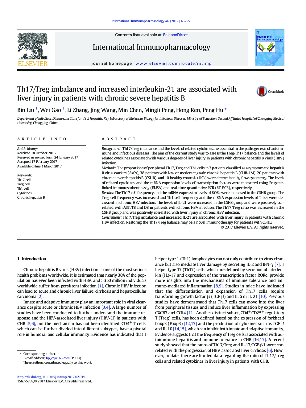 Th17/Treg imbalance and increased interleukin-21 are associated with liver injury in patients with chronic severe hepatitis B