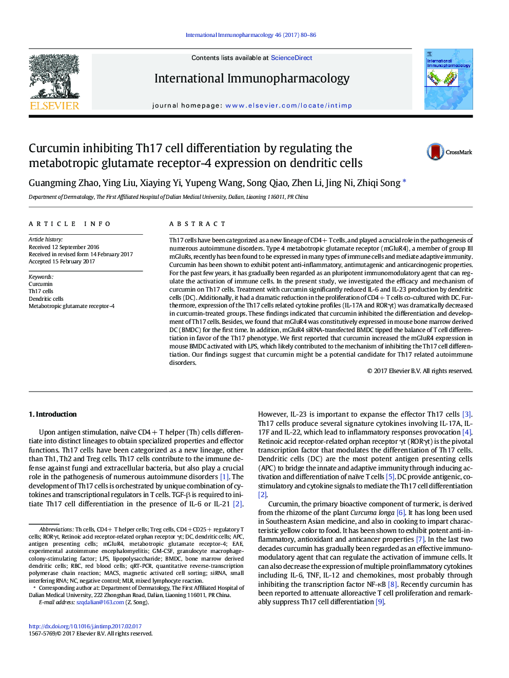 Curcumin inhibiting Th17 cell differentiation by regulating the metabotropic glutamate receptor-4 expression on dendritic cells