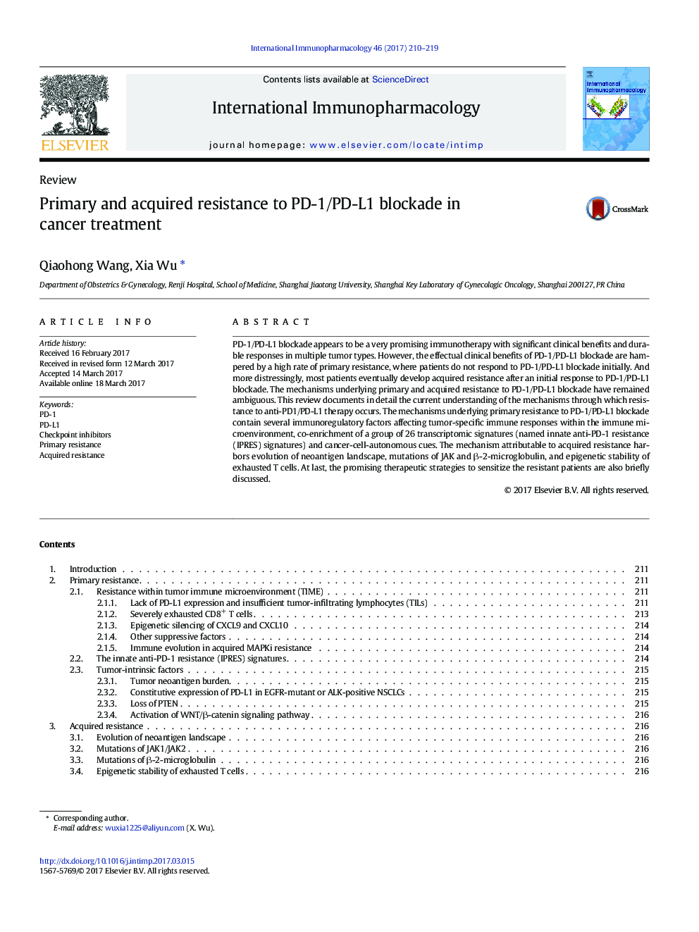 Primary and acquired resistance to PD-1/PD-L1 blockade in cancer treatment