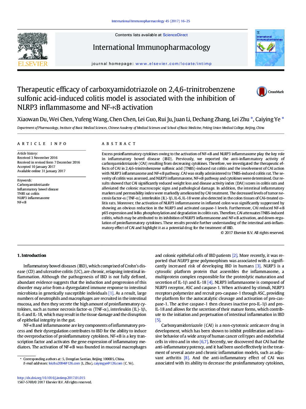 Therapeutic efficacy of carboxyamidotriazole on 2,4,6-trinitrobenzene sulfonic acid-induced colitis model is associated with the inhibition of NLRP3 inflammasome and NF-ÎºB activation