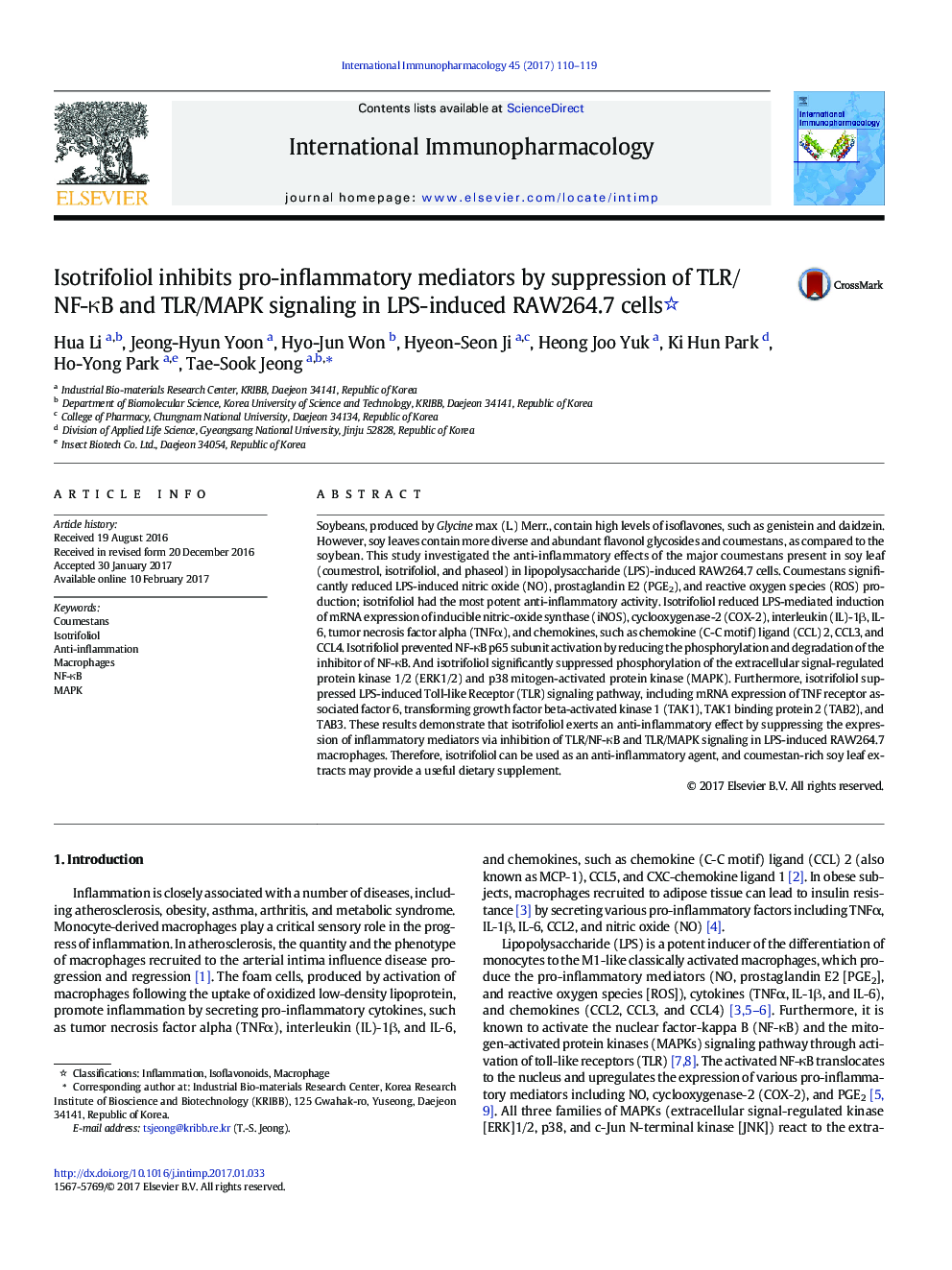 Isotrifoliol inhibits pro-inflammatory mediators by suppression of TLR/NF-ÎºB and TLR/MAPK signaling in LPS-induced RAW264.7 cells