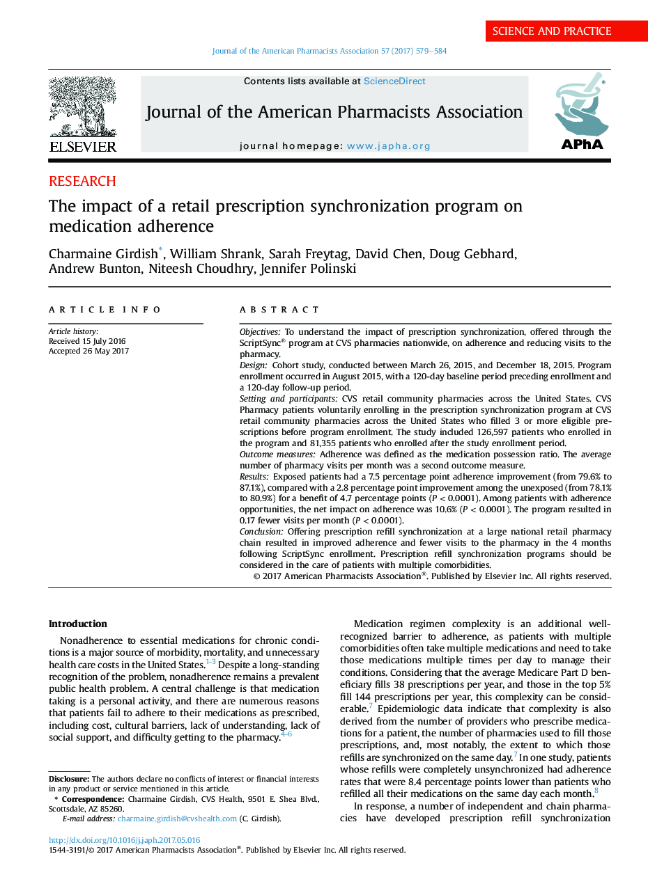 The impact of a retail prescription synchronization program on medication adherence