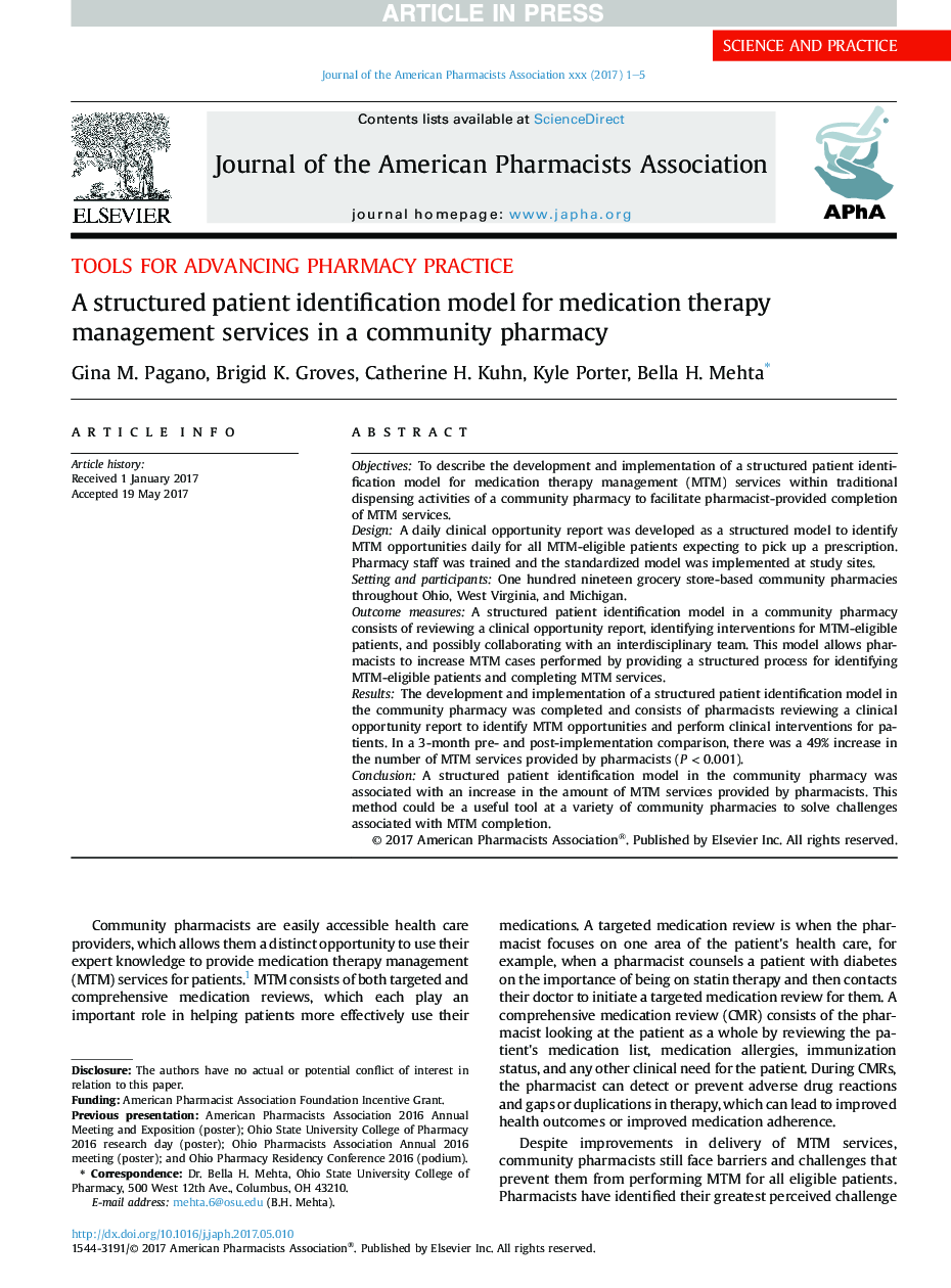 A structured patient identification model for medication therapy management services in a community pharmacy