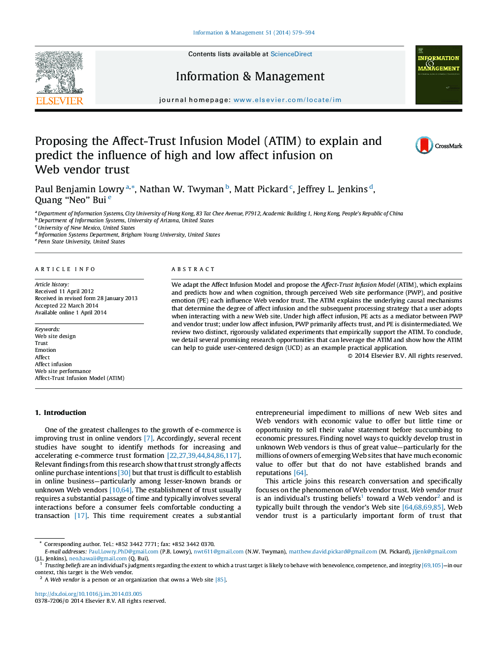 Proposing the Affect-Trust Infusion Model (ATIM) to explain and predict the influence of high and low affect infusion on Web vendor trust