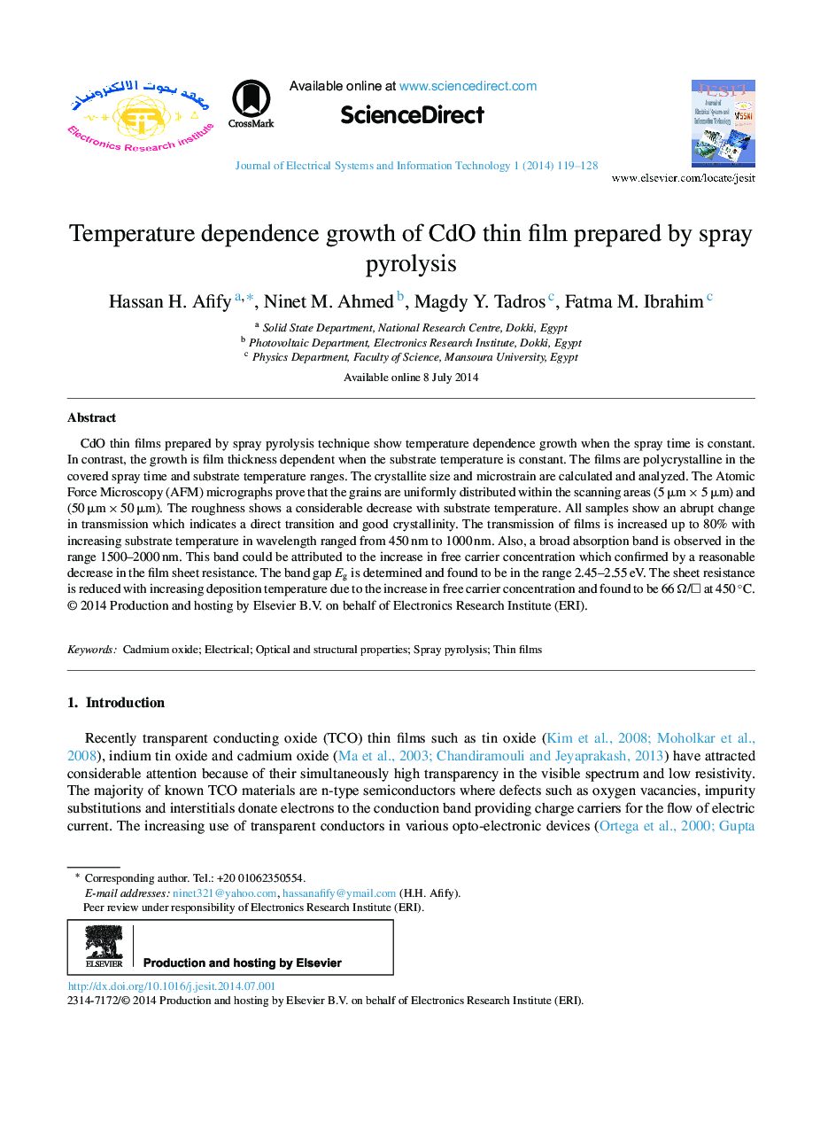 Temperature dependence growth of CdO thin film prepared by spray pyrolysis 