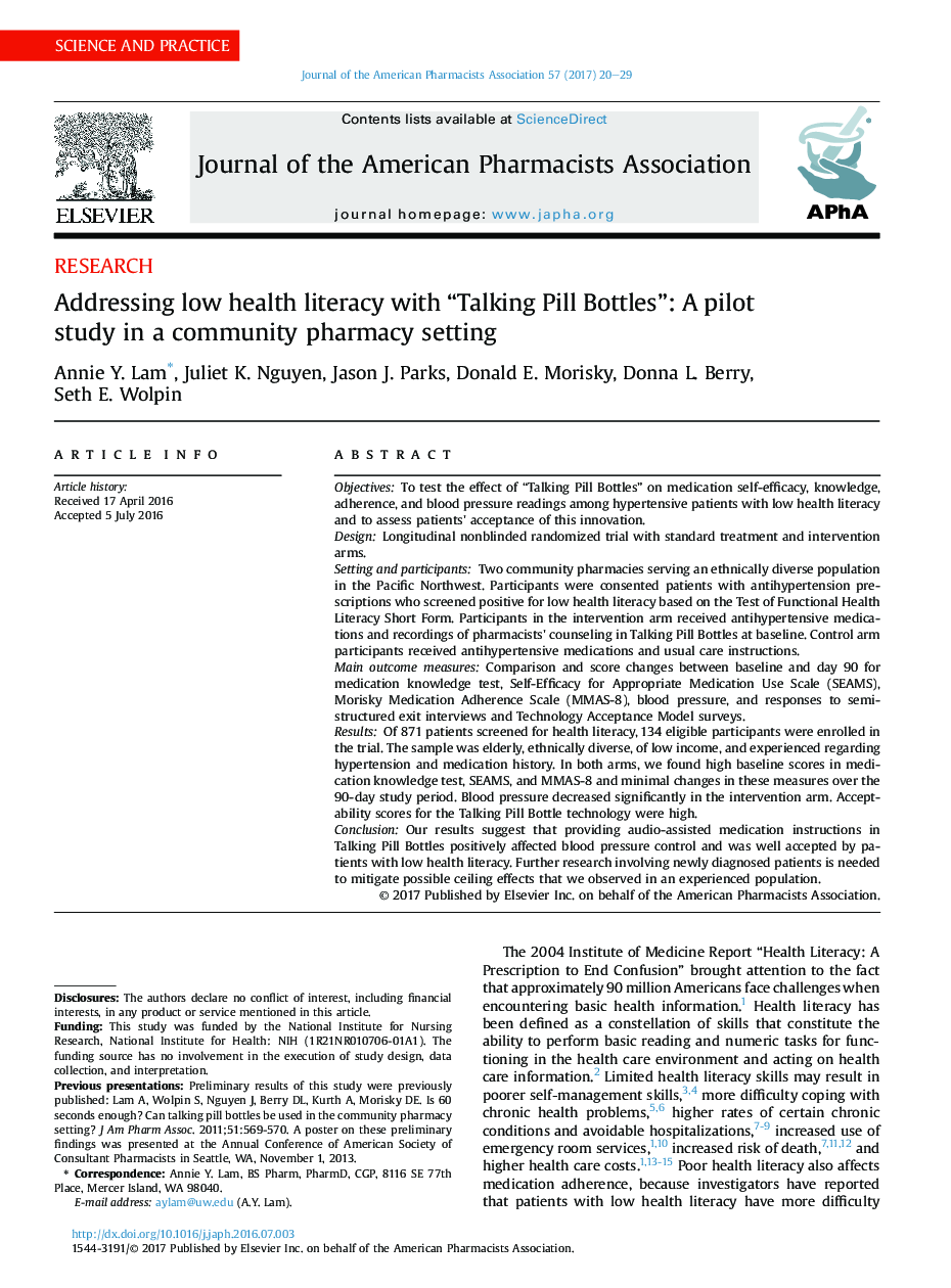 Addressing low health literacy with “Talking Pill Bottles”: A pilot study in a community pharmacy setting