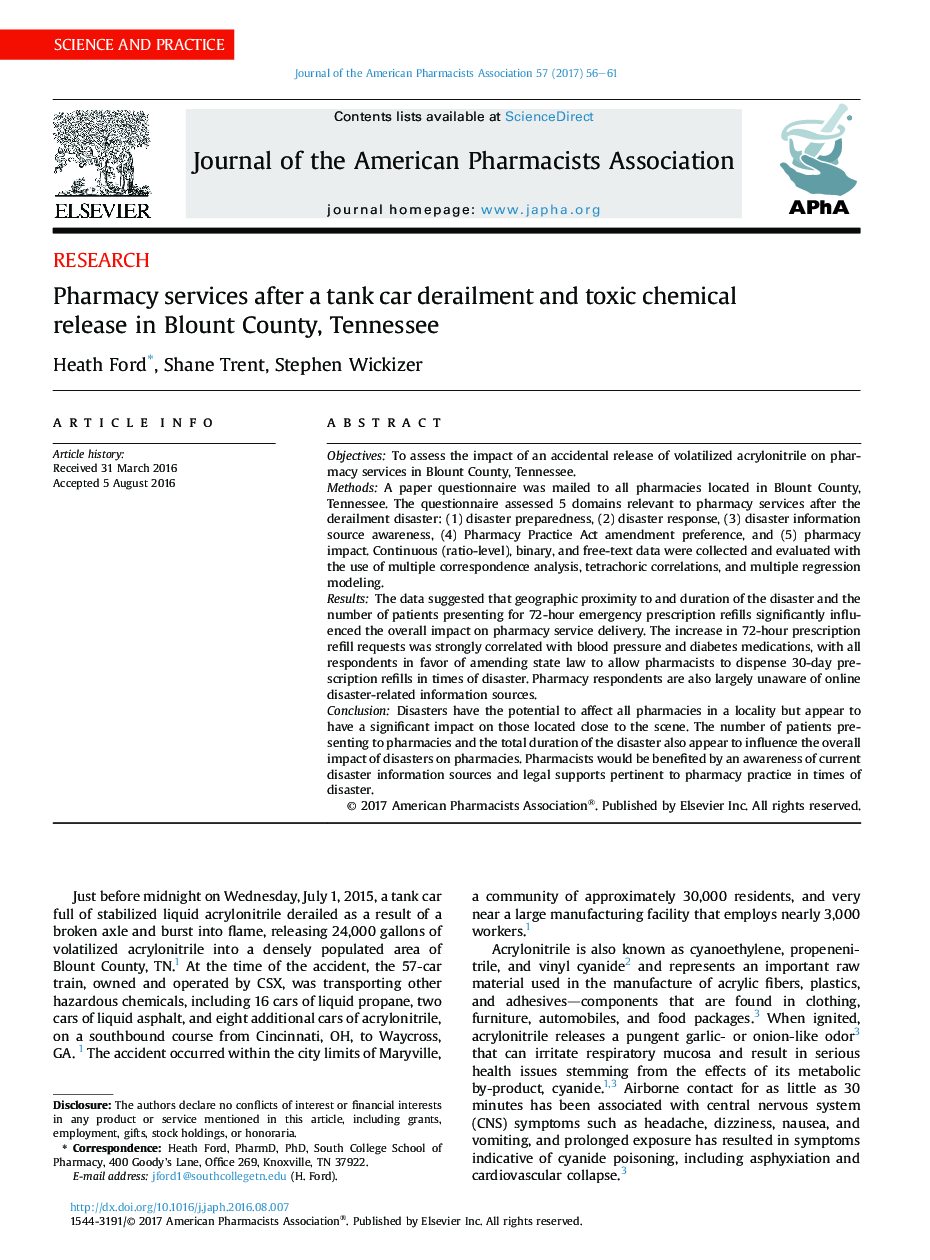 Pharmacy services after a tank car derailment and toxic chemical release in Blount County, Tennessee
