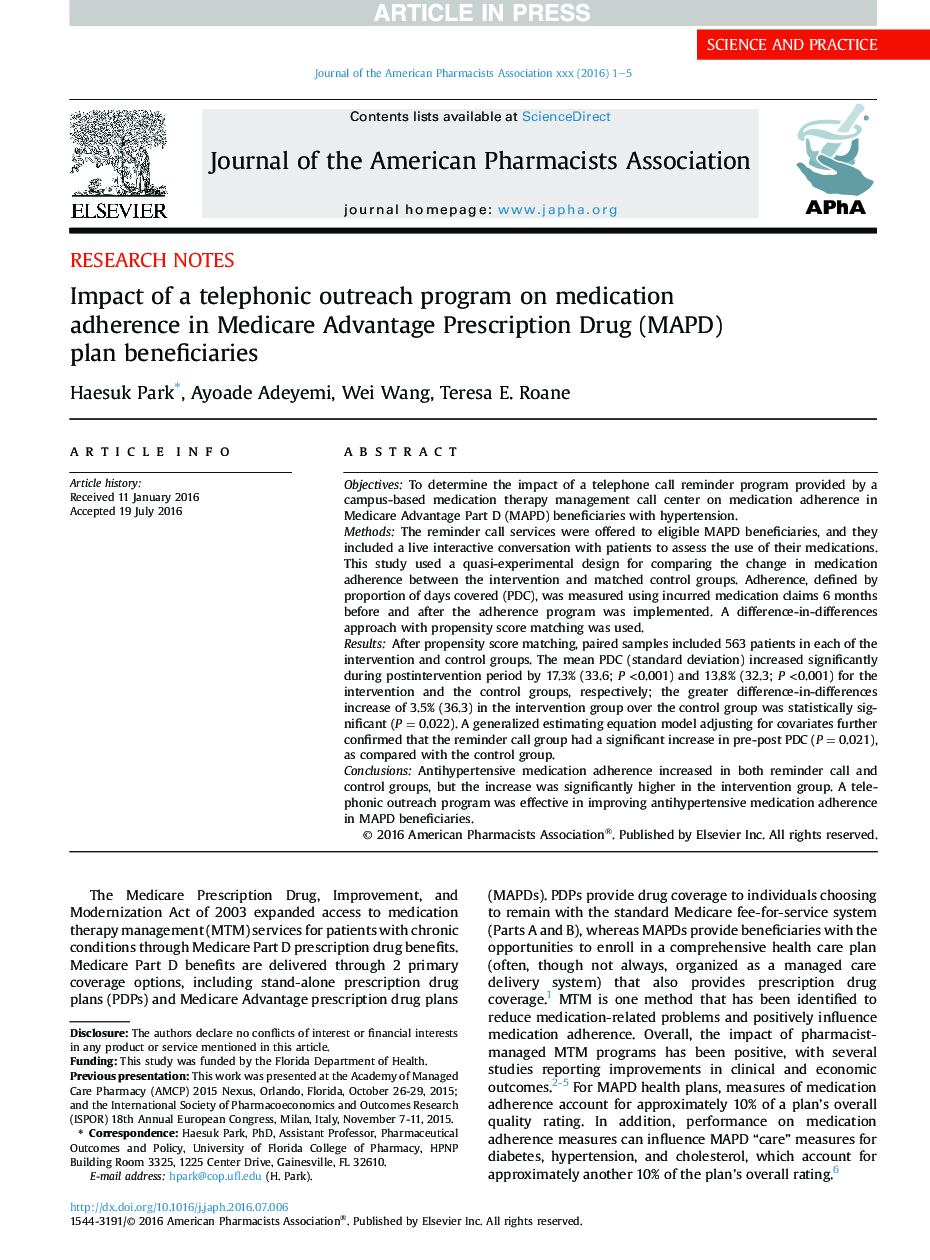 Impact of a telephonic outreach program on medication adherence in Medicare Advantage Prescription Drug (MAPD) plan beneficiaries