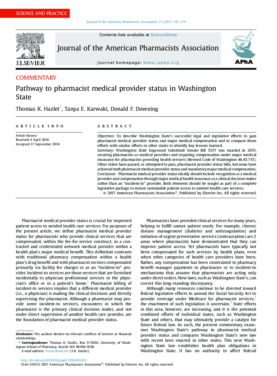 Pathway to pharmacist medical provider status in Washington State