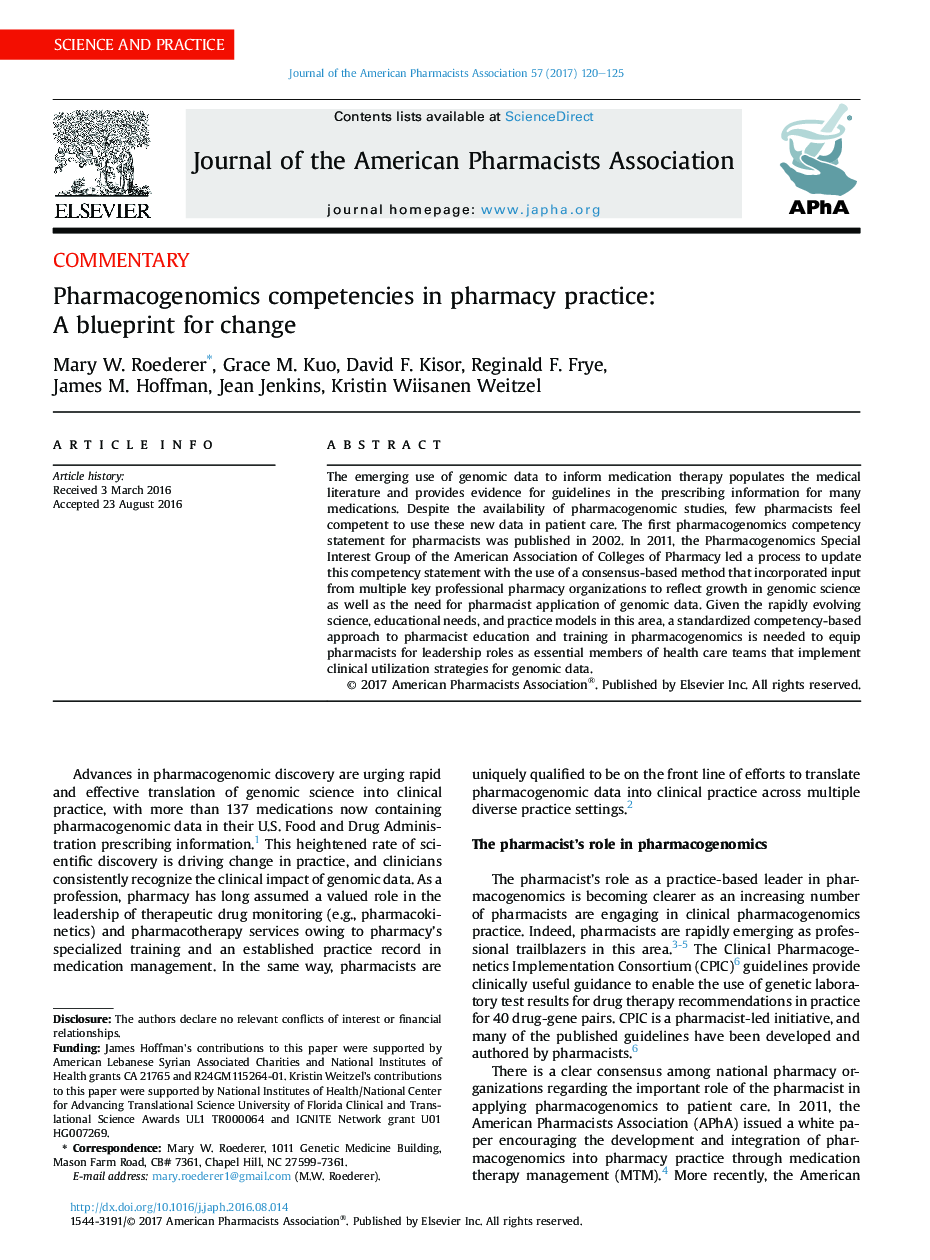 Pharmacogenomics competencies in pharmacy practice: A blueprint for change