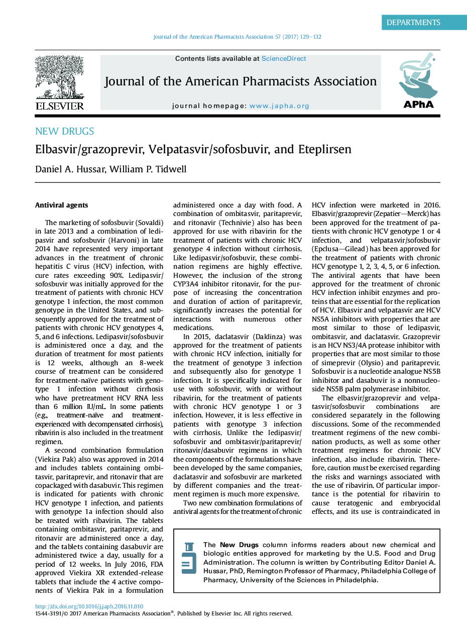 Elbasvir/grazoprevir, Velpatasvir/sofosbuvir, and Eteplirsen