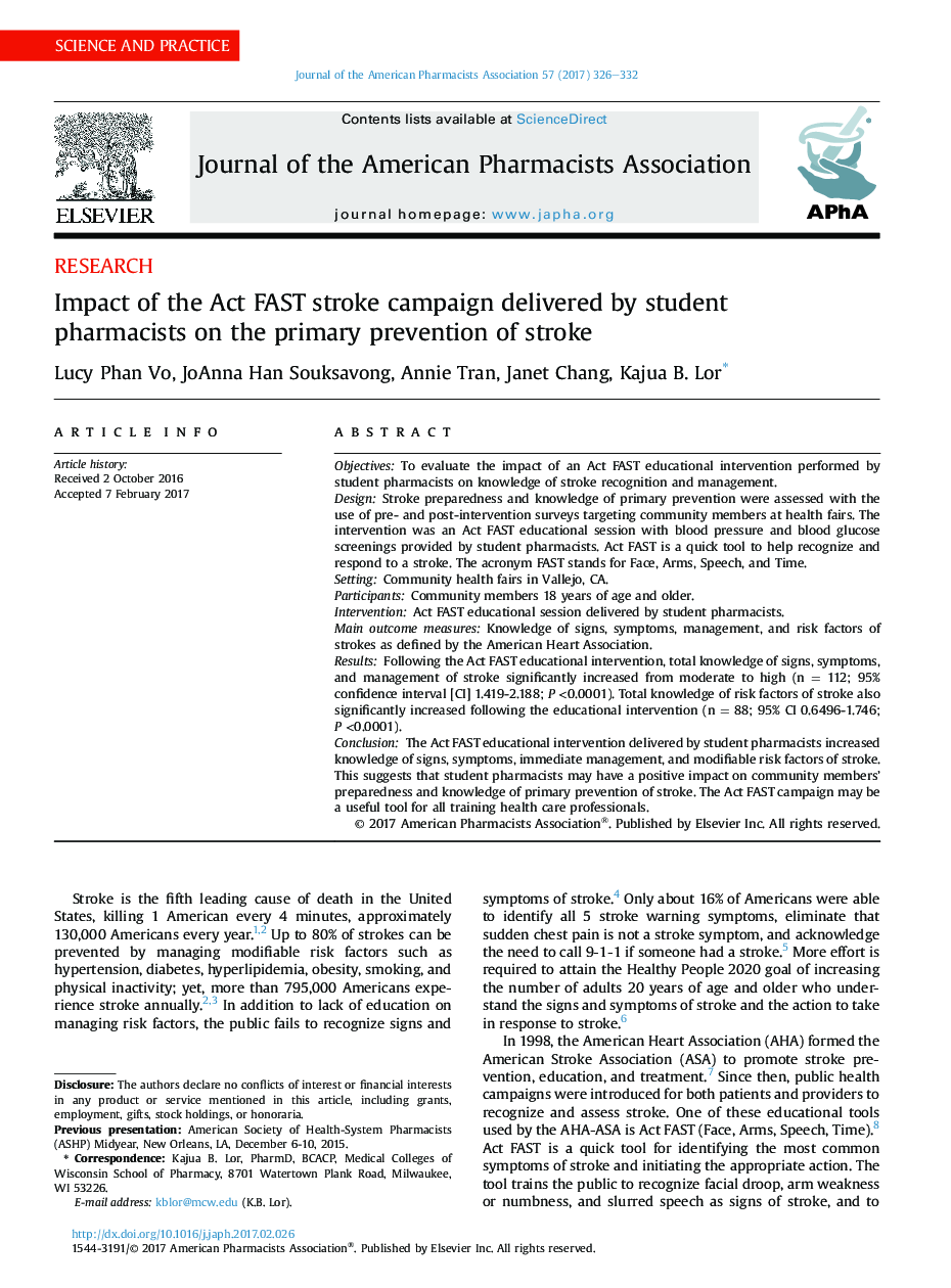 Impact of the Act FAST stroke campaign delivered by student pharmacists on the primary prevention of stroke