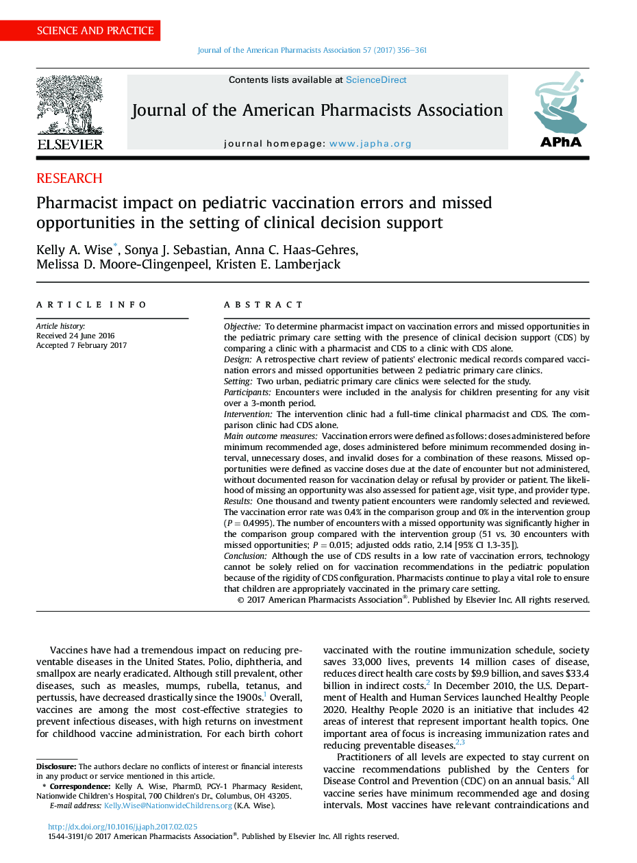 Pharmacist impact on pediatric vaccination errors and missed opportunities in the setting of clinical decision support