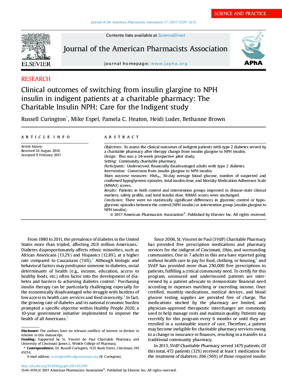 Clinical outcomes of switching from insulin glargine to NPH insulin in indigent patients at a charitable pharmacy: The Charitable Insulin NPH: Care for the Indigent study
