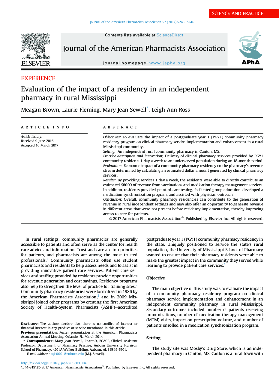 Evaluation of the impact of a residency in an independent pharmacy in rural Mississippi