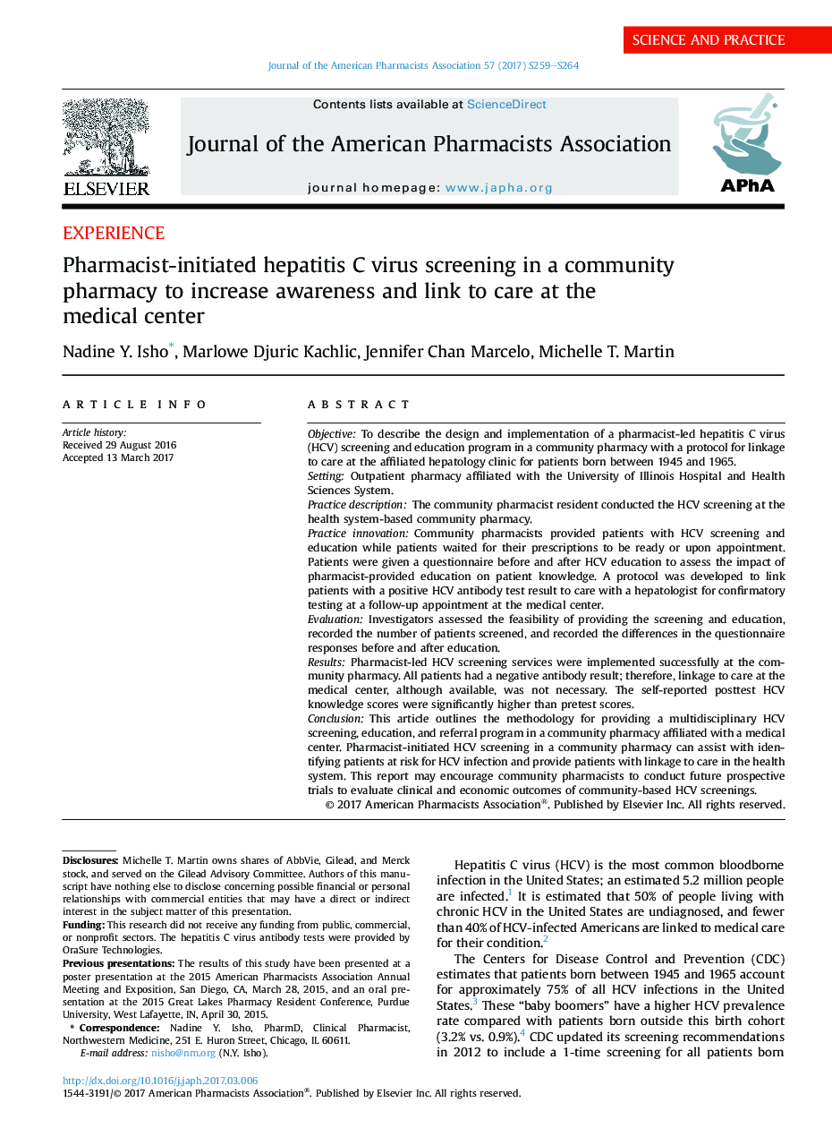 Pharmacist-initiated hepatitis C virus screening in a community pharmacy to increase awareness and link to care at the medical center