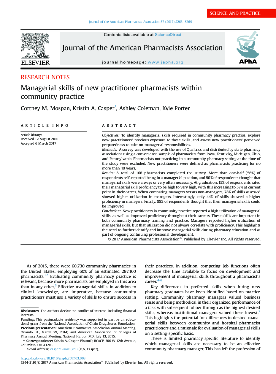 Managerial skills of new practitioner pharmacists within community practice