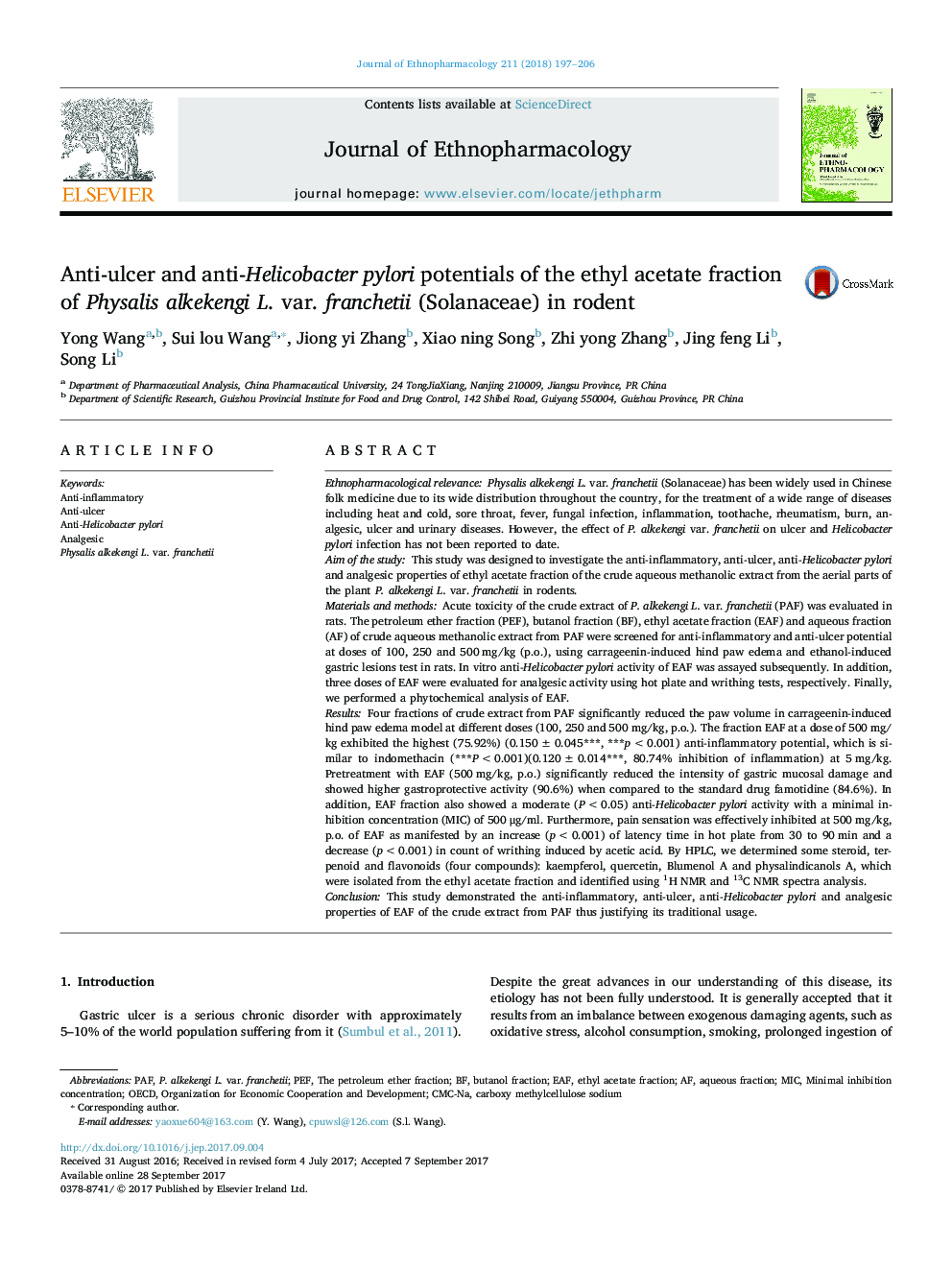 Anti-ulcer and anti-Helicobacter pylori potentials of the ethyl acetate fraction of Physalis alkekengi L. var. franchetii (Solanaceae) in rodent