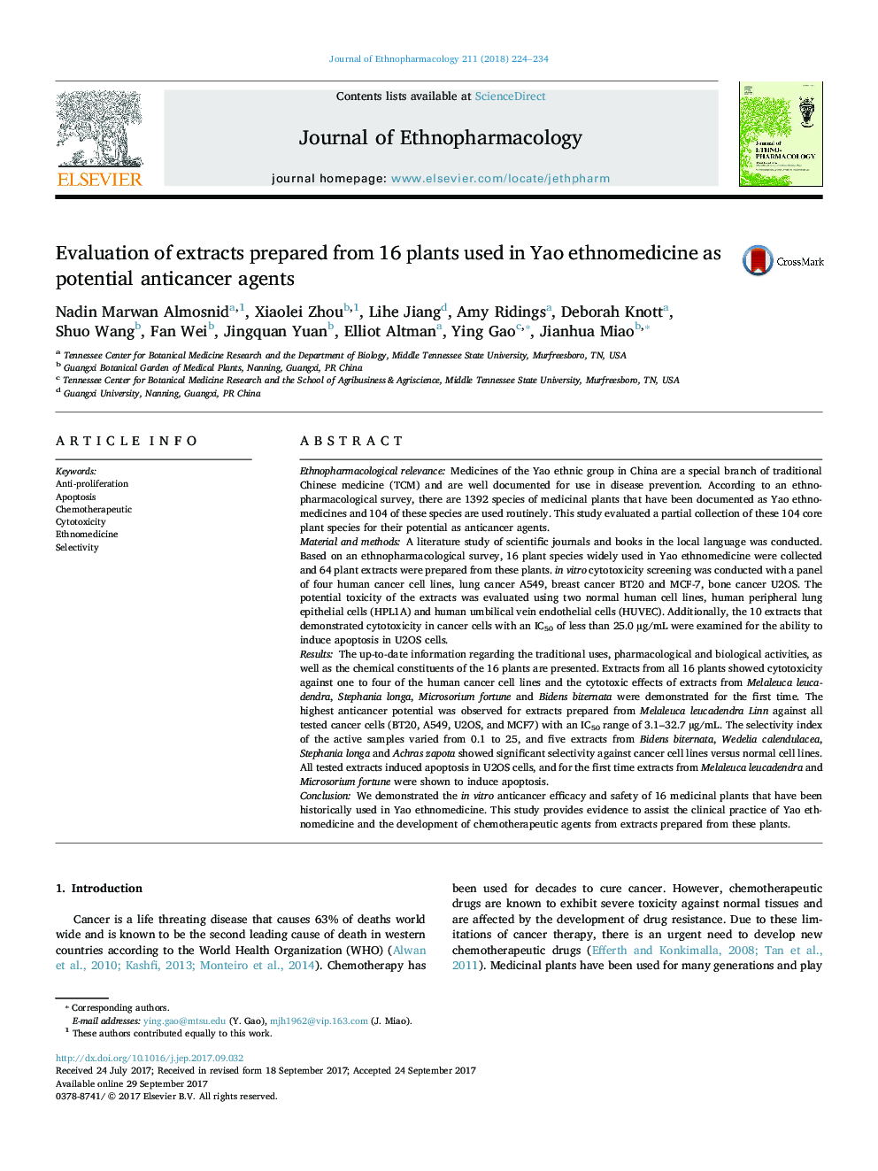 Evaluation of extracts prepared from 16 plants used in Yao ethnomedicine as potential anticancer agents