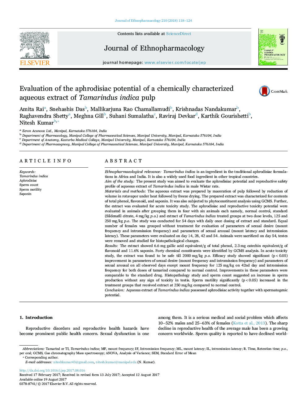 Evaluation of the aphrodisiac potential of a chemically characterized aqueous extract of Tamarindus indica pulp