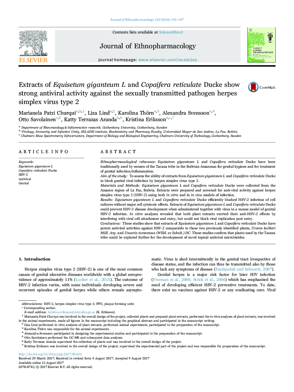 Extracts of Equisetum giganteum L and Copaifera reticulate Ducke show strong antiviral activity against the sexually transmitted pathogen herpes simplex virus type 2