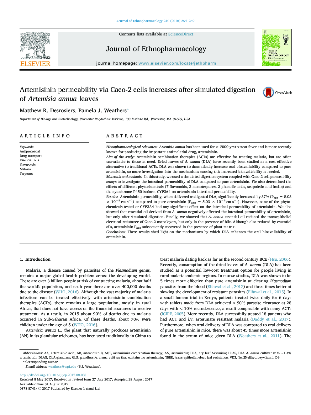 Artemisinin permeability via Caco-2 cells increases after simulated digestion of Artemisia annua leaves