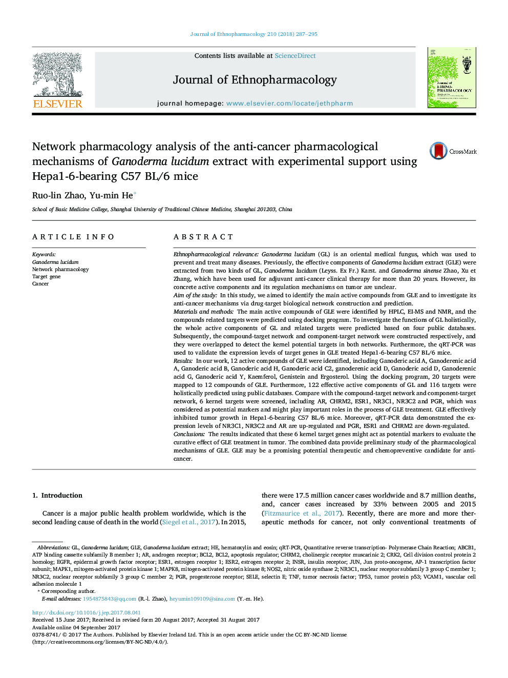 Network pharmacology analysis of the anti-cancer pharmacological mechanisms of Ganoderma lucidum extract with experimental support using Hepa1-6-bearing C57 BL/6 mice