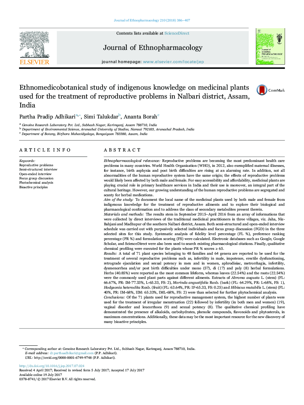 Ethnomedicobotanical study of indigenous knowledge on medicinal plants used for the treatment of reproductive problems in Nalbari district, Assam, India