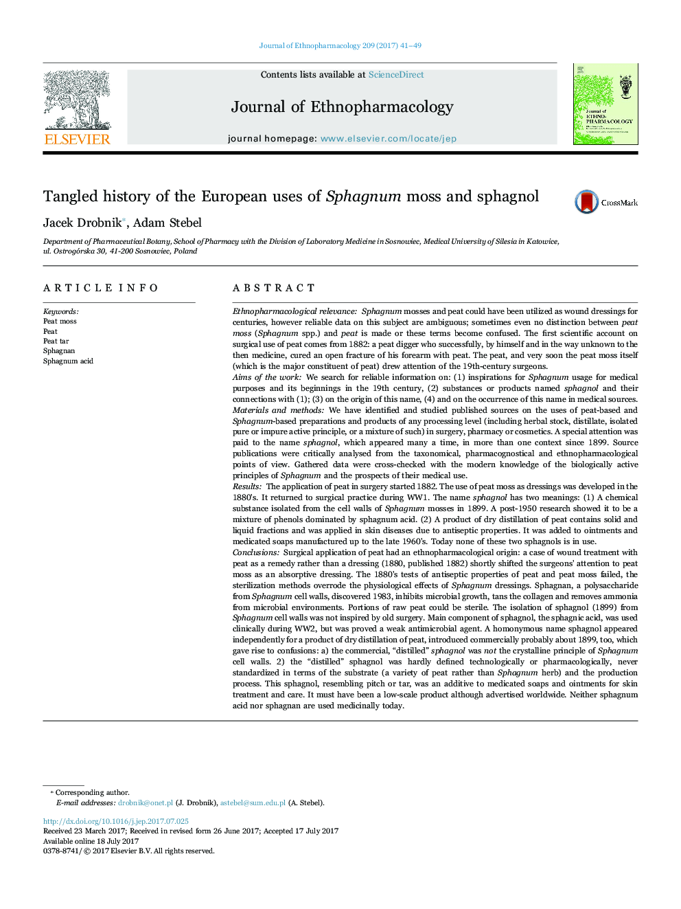 Tangled history of the European uses of Sphagnum moss and sphagnol