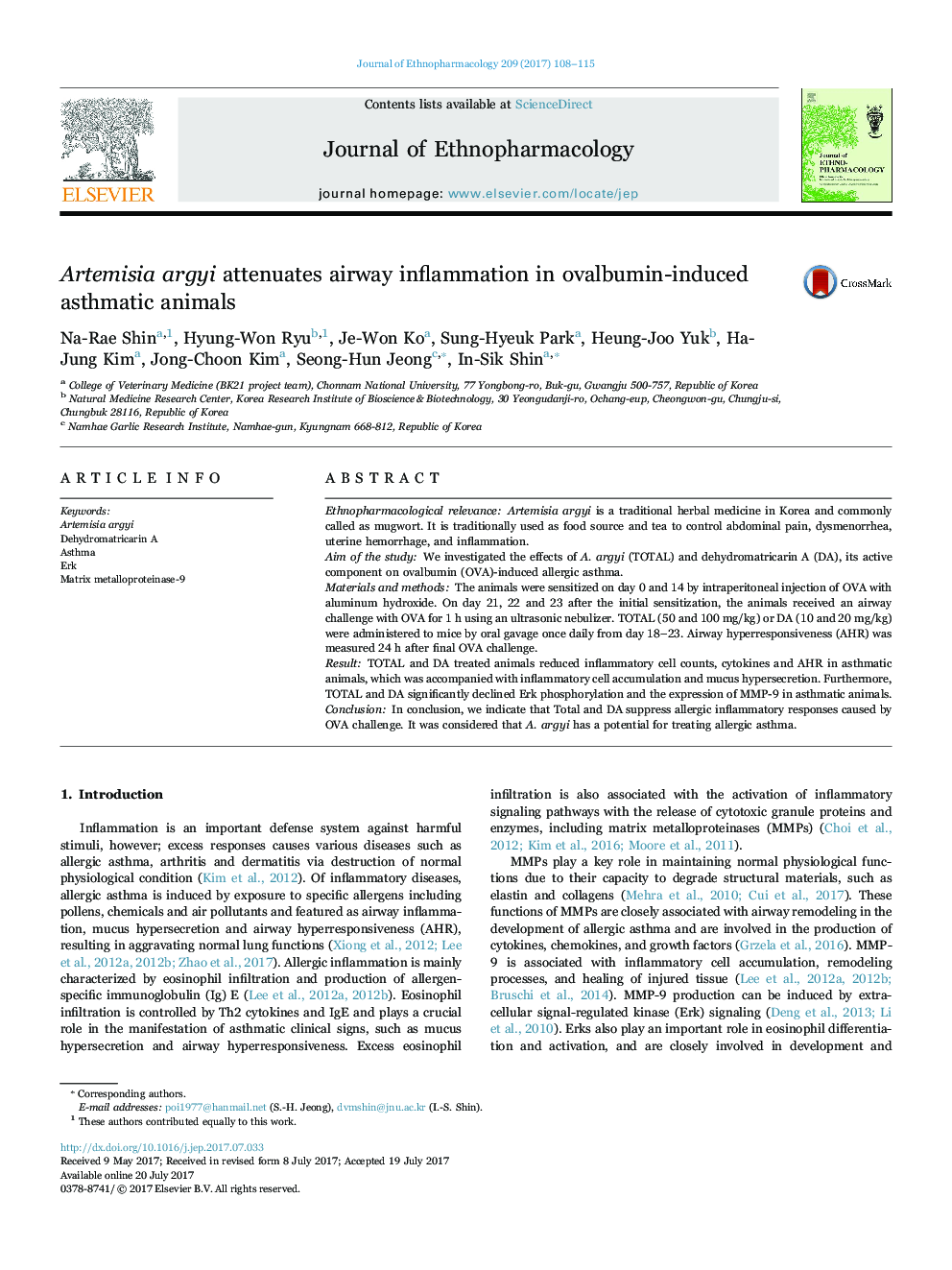 Artemisia argyi attenuates airway inflammation in ovalbumin-induced asthmatic animals