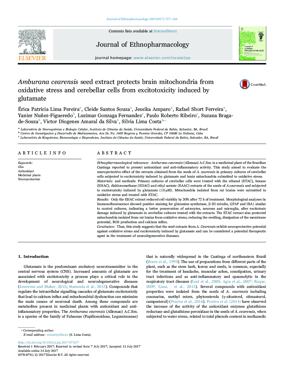 Amburana cearensis seed extract protects brain mitochondria from oxidative stress and cerebellar cells from excitotoxicity induced by glutamate