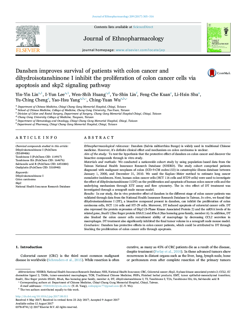 Danshen improves survival of patients with colon cancer and dihydroisotanshinone I inhibit the proliferation of colon cancer cells via apoptosis and skp2 signaling pathway