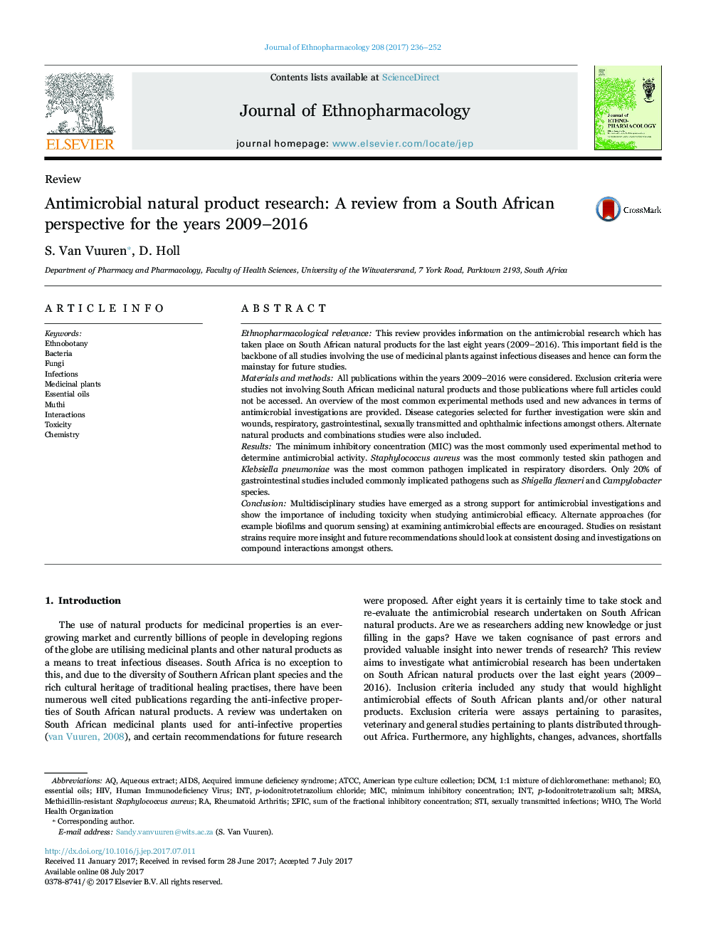 Antimicrobial natural product research: A review from a South African perspective for the years 2009-2016