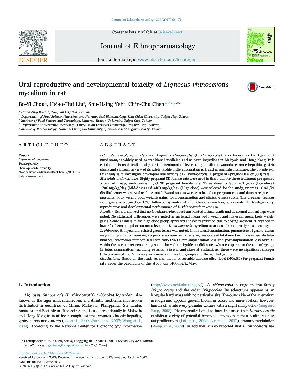 Oral reproductive and developmental toxicity of Lignosus rhinocerotis mycelium in rat