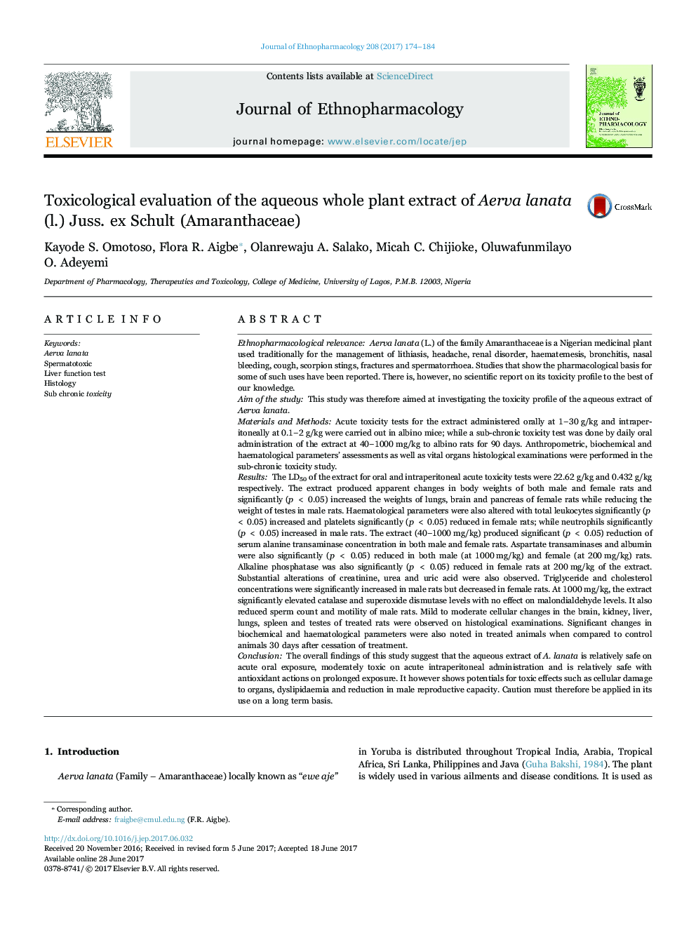 Toxicological evaluation of the aqueous whole plant extract of Aerva lanata (l.) Juss. ex Schult (Amaranthaceae)