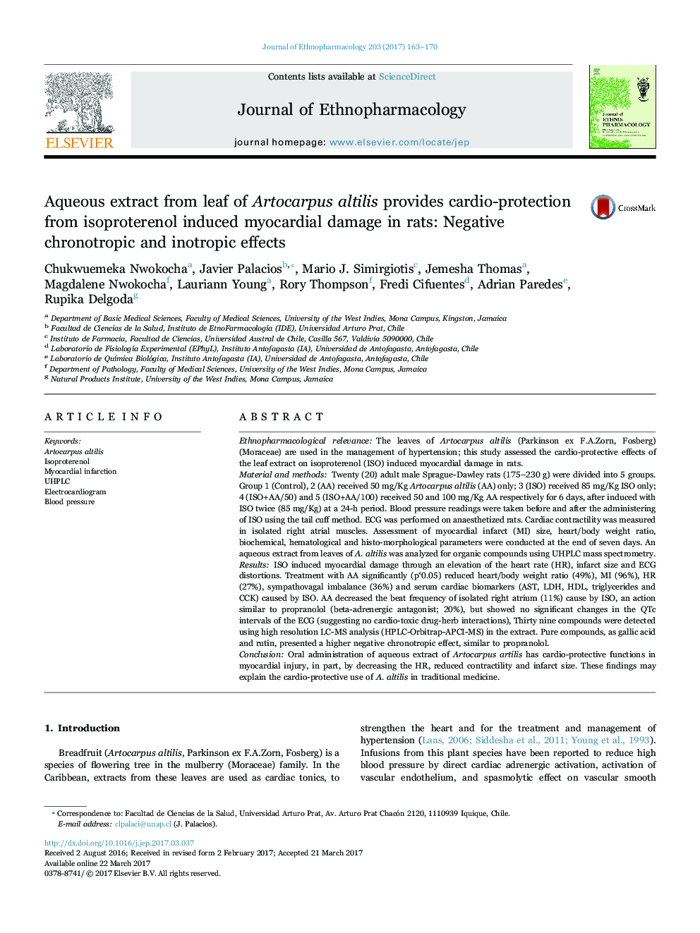 Aqueous extract from leaf of Artocarpus altilis provides cardio-protection from isoproterenol induced myocardial damage in rats: Negative chronotropic and inotropic effects