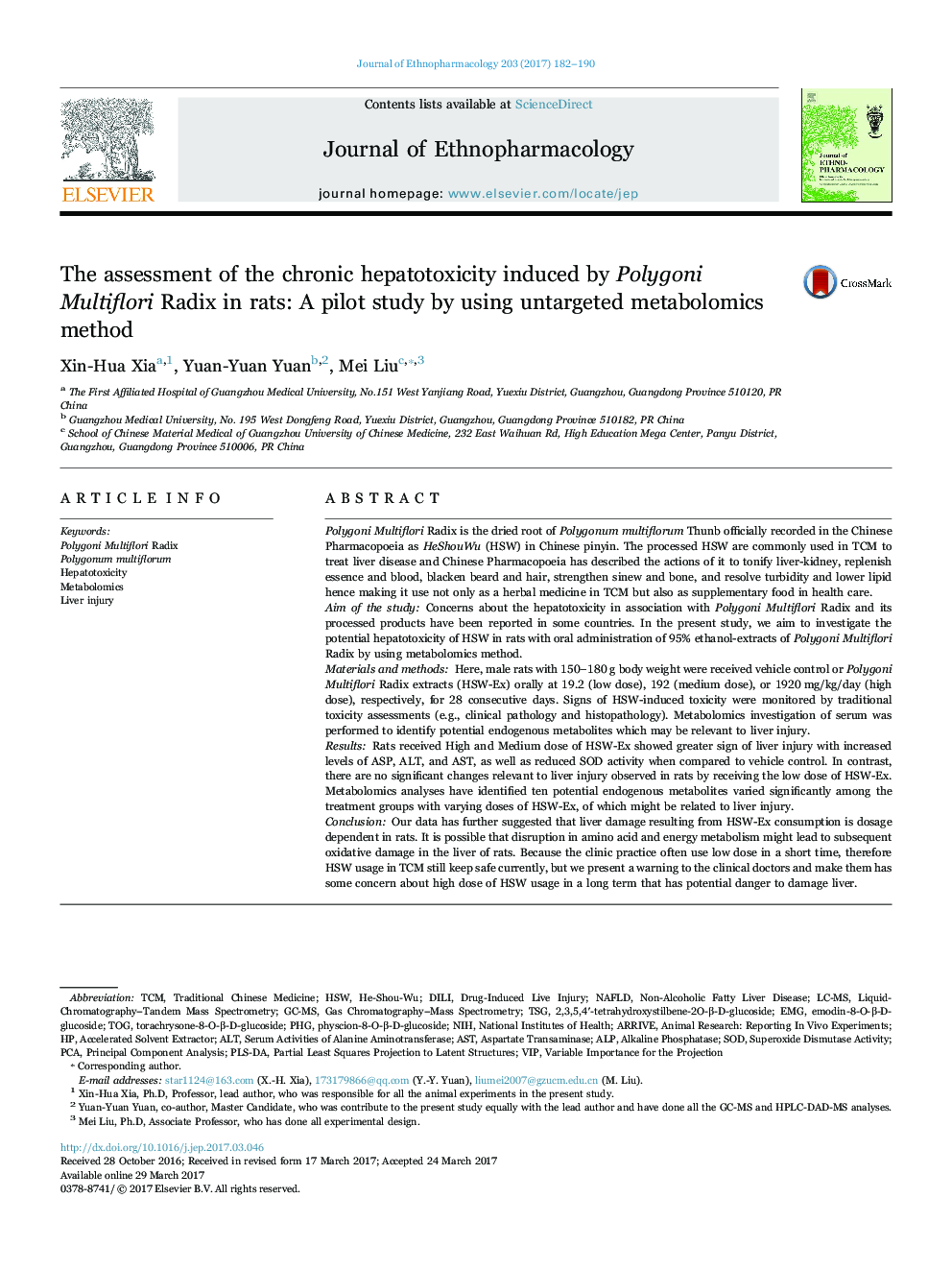 The assessment of the chronic hepatotoxicity induced by Polygoni Multiflori Radix in rats: A pilot study by using untargeted metabolomics method