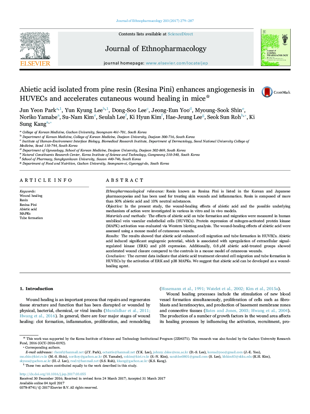 Abietic acid isolated from pine resin (Resina Pini) enhances angiogenesis in HUVECs and accelerates cutaneous wound healing in mice